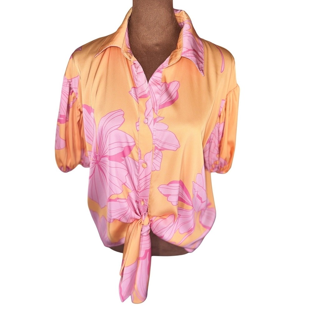 Hutch Satin Floral Front Tie Sample Blouse Small/Med NWT Puff Sleeve Shirt Top